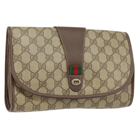 GUCCI GG Supreme Web Sherry Line Bag PVC Beige Gold